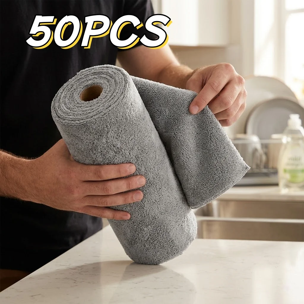 Thick Absorbent Microfiber Cleaning Towels 50Pcs, Reusable & Disposable Dual Purpose Tearable Roll Cleaning Cloths