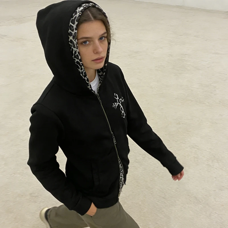 

Осень/зима 26, новое двустороннее пальто с леопардовым принтом, черная готическая толстовка на молнии с крестом, модный повседневный мужской и женский топ