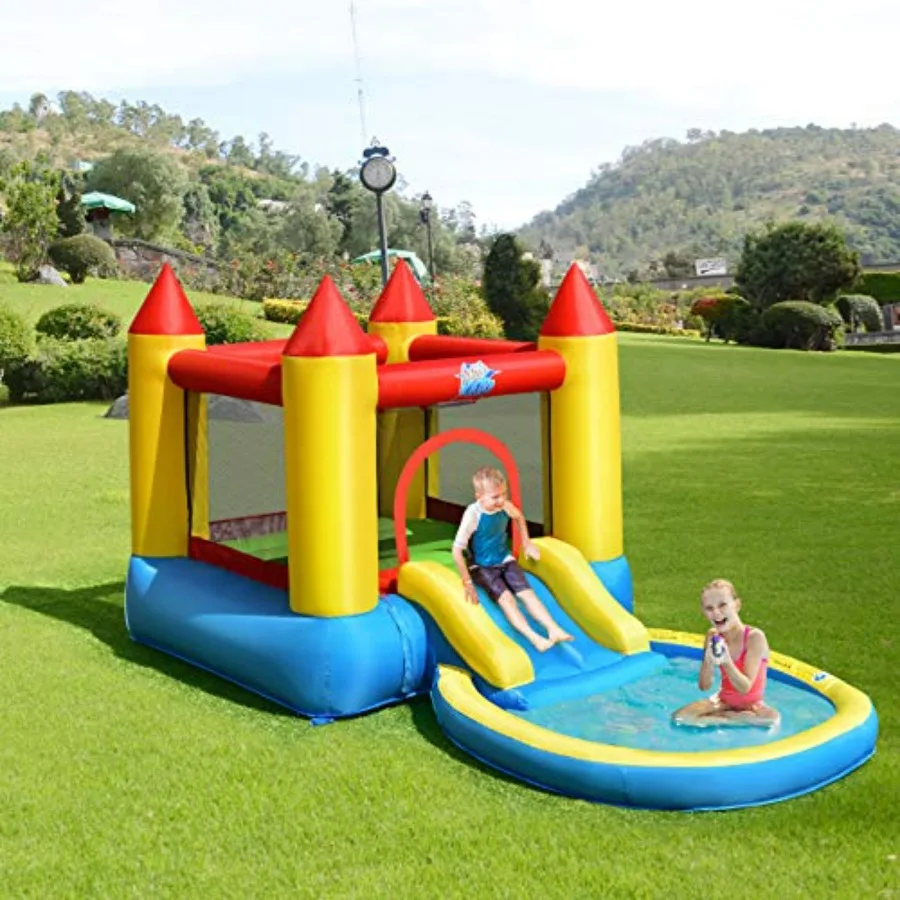 Outdoor backyard inflatable bounce house for kids aged 3-5: PVC material, blue and yellow, includes water slide, jumping area,