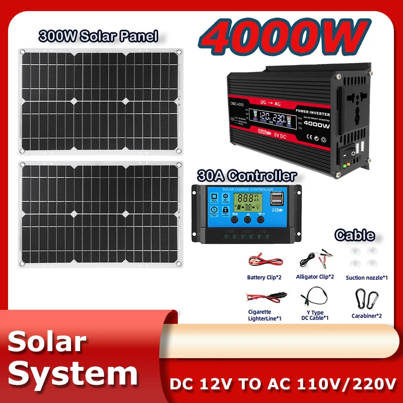 Inverter 4000W Solar Panel 18V Portable Outdoor Power Solar Kit Off Grid System Storage Kit Controller Camping Power Bank Home