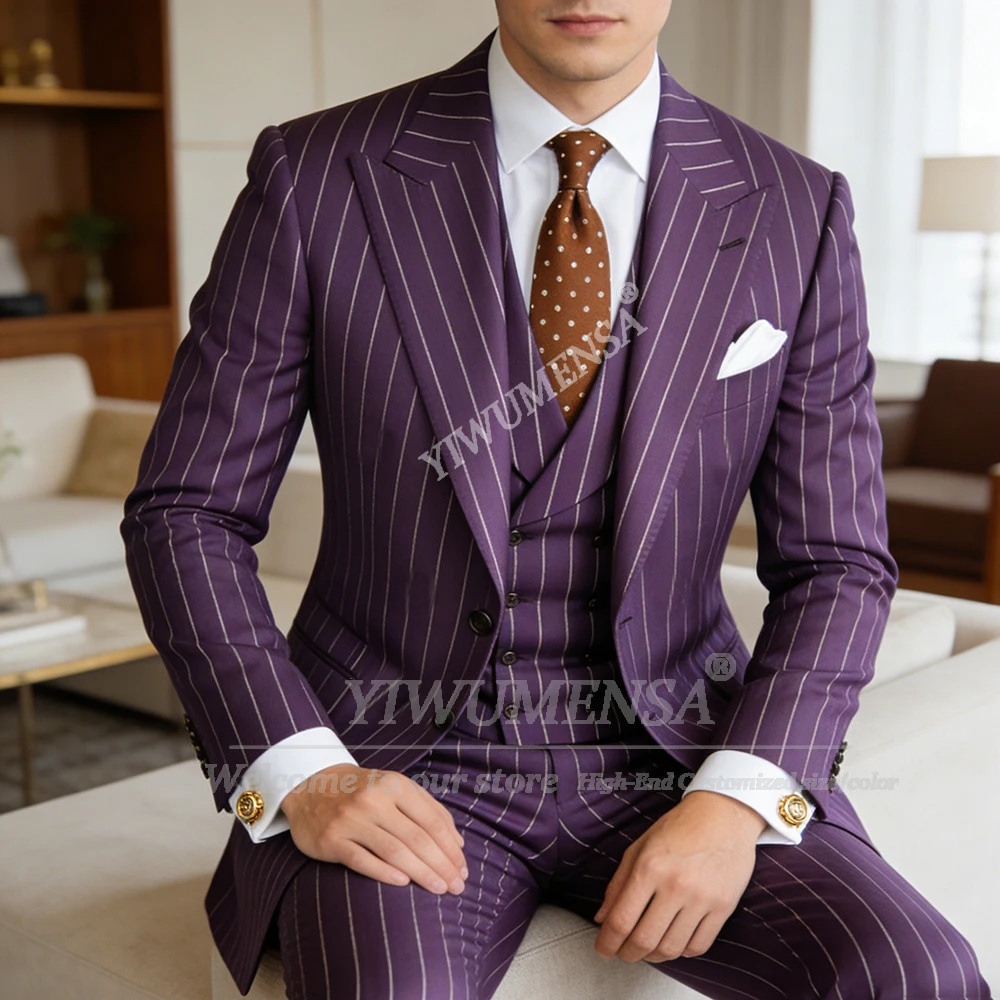 

White Vertical Striped Suit Men Single Breasted Groom Blazers Customized 3 Piece Sets Man Business Party Tuxedos Costumes Hommes