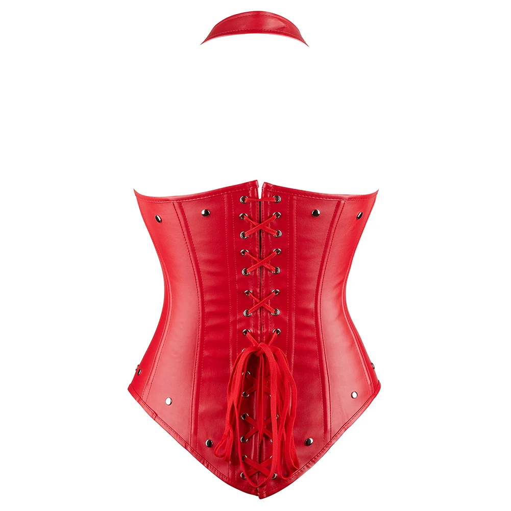 Black Red Steampunk Steel Boned Waist Trainer Cincher Shaper Halter Vest Faux Leather Underbust Corset