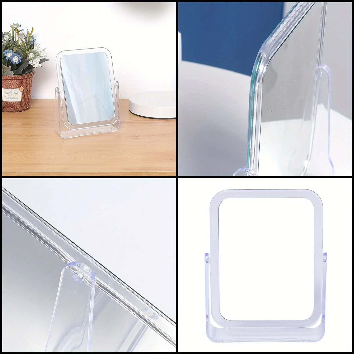 Espelho de maquiagem de mesa 360 °   Espelho flexível de rotação com suporte, espelho cosmético de mesa, bom para banho, barbear, viagem-retângulo