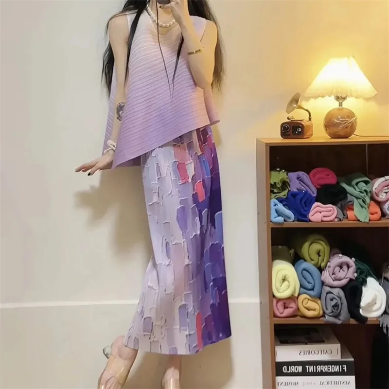 Miyake Woman Clothing Design Sense Printed Tassel Skirt Women's Spring High Waist Loose Fold Over Skirt Medium and Long Section