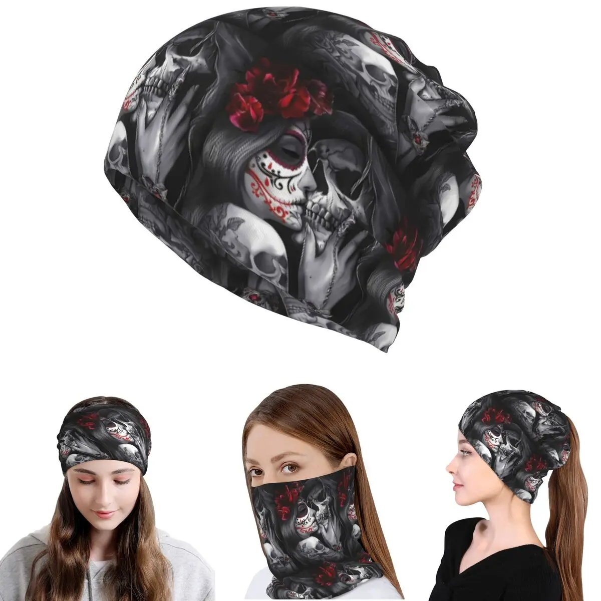 

Mexican Catrina Girl Day Of The Dead Sugar Skull Bandana Neck Cover Magic Scarf Warm Face Mask Beanies Hat Unisex Adult
