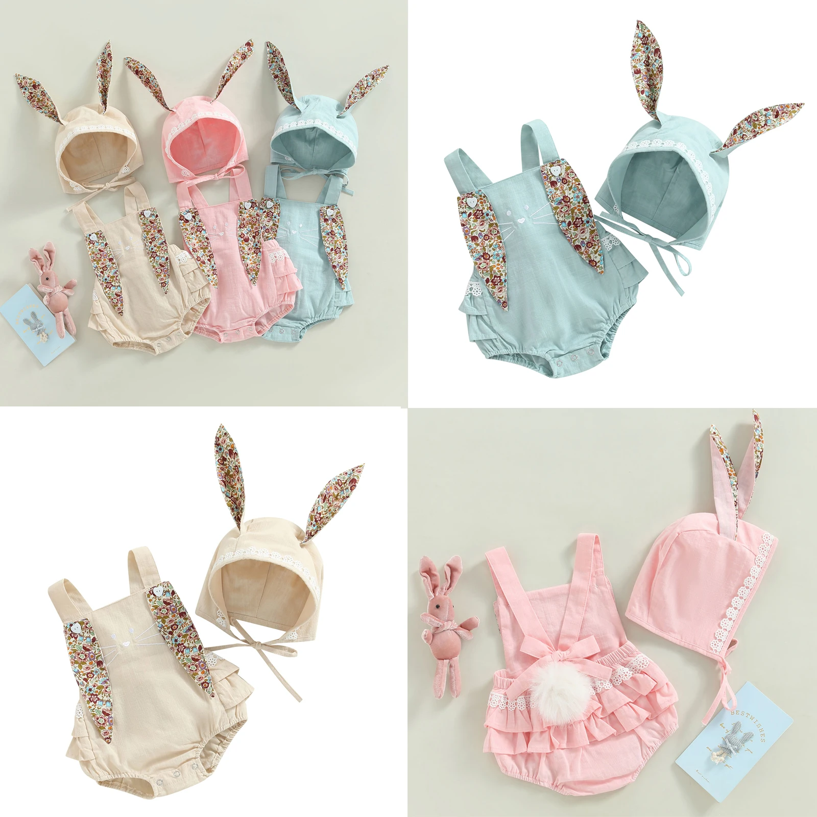 Summer Baby Girl Easter 2Pcs Outfit Vintage Overalls Bunny Ears Cartoon Hat Toddler Baby Girls Romper Clothes with Tail