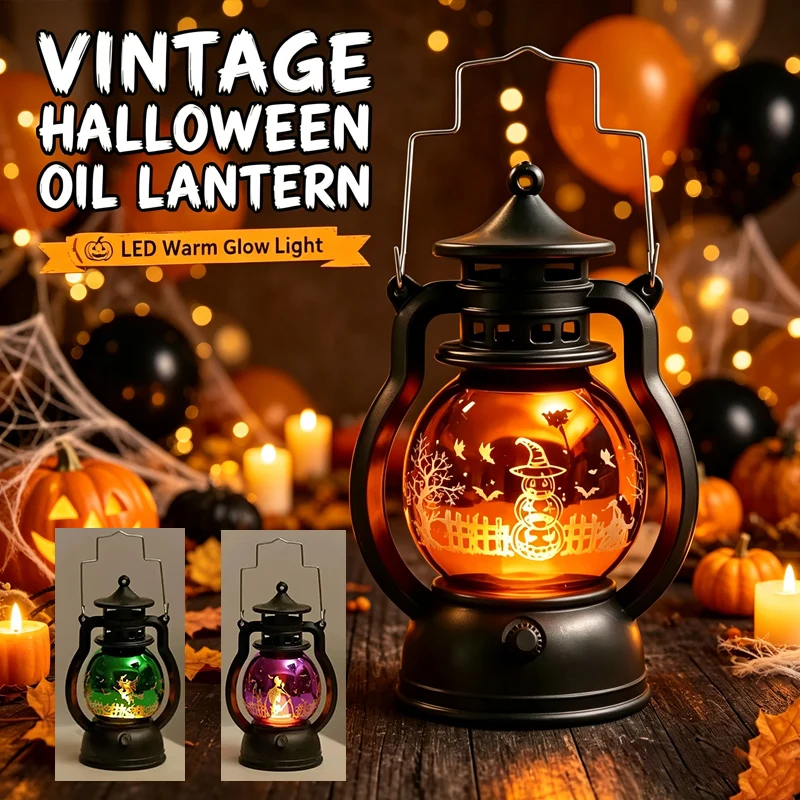 Halloween Vintage Pumpkin Oil Lamp LED Ornament Glowing Retro Hanging Decor for Restaurant Amusement Park Home for Spooky
