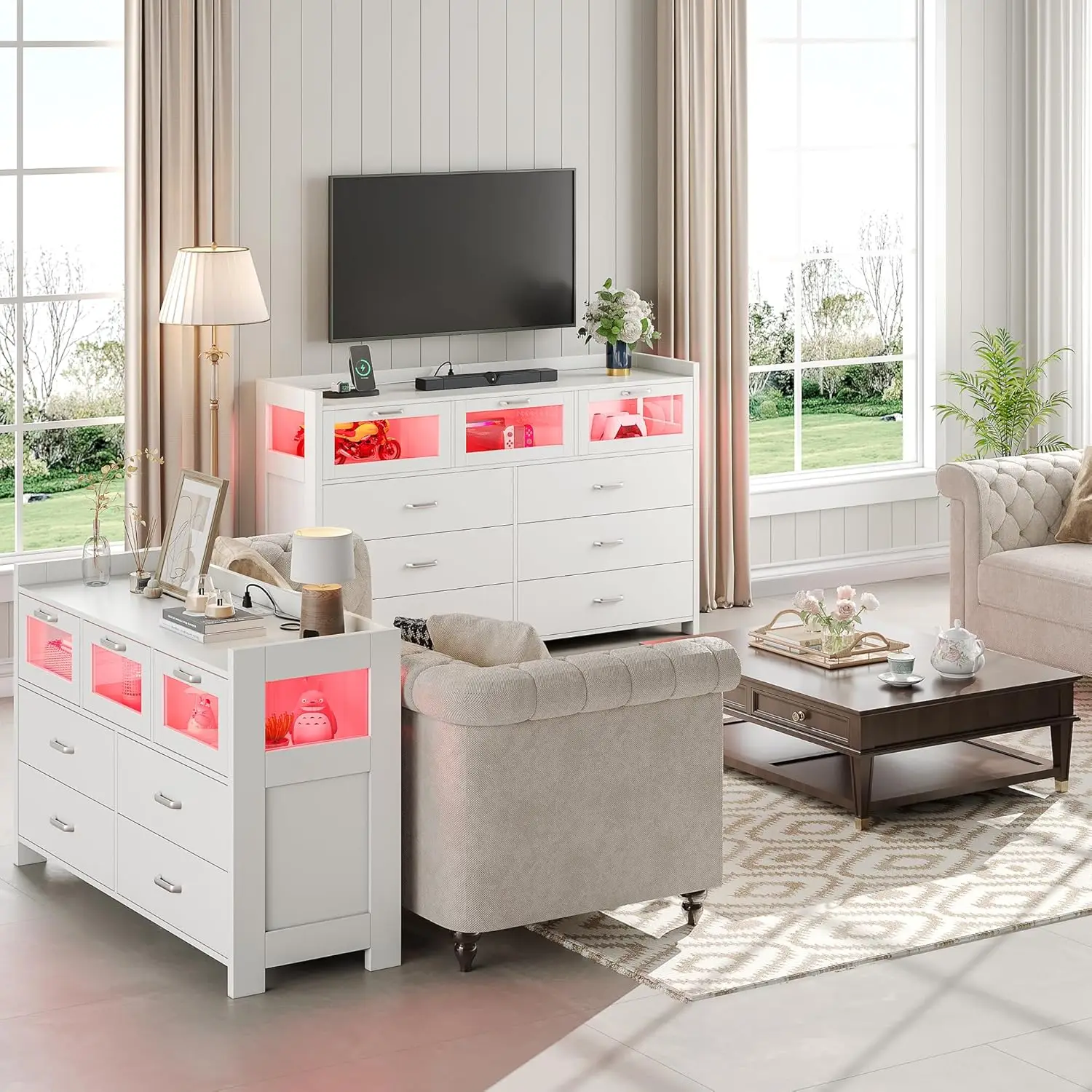 Tocador blanco para dormitorio, 7 cajones, luces Led y estación de carga, 3 visuales