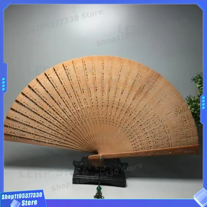 Vintage Sandalwood Folding Fan Hollow Carved Intangible Cultural Heritage Craft Portable Chinese National Style Handheld Fan