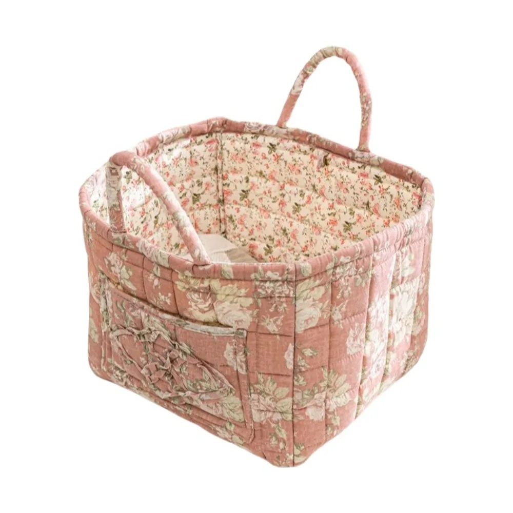 Panier de rangement en tissu à motif floral, poignées de transport faciles, design matelassé, panier