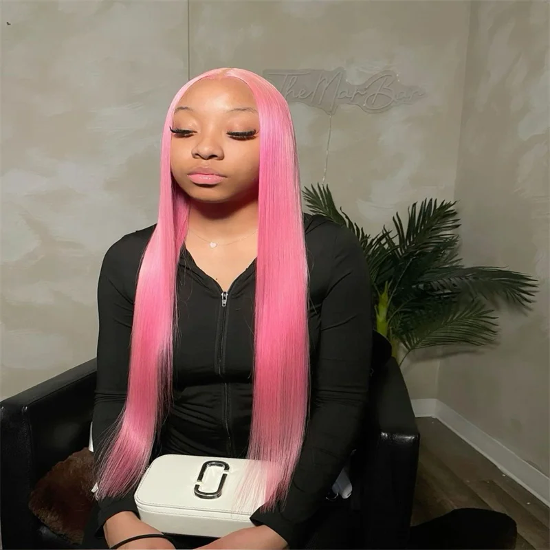 

Pink Colored Lace Front Wig Human Hair Wig 13x4 Hd Lace Frontal Human Hair Wig 30 Inch Bone Straight Lace Front Wigs For Women