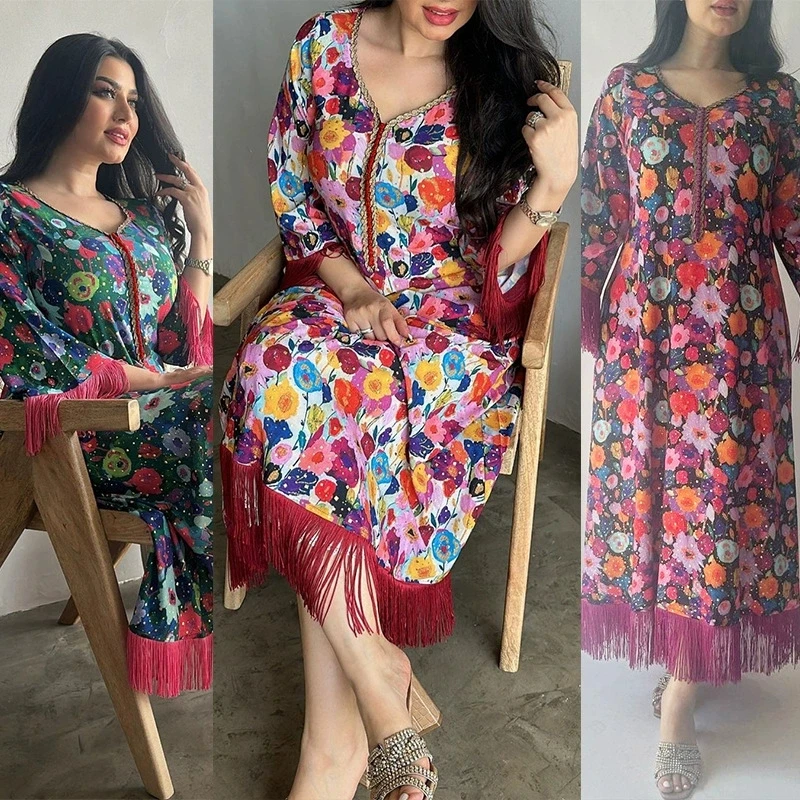 

Ramadan Moroccan Islamic Ethnic Clothing Saudi Arabian Women's Hot Stamped Printed Casual Dubai Muslim New Luxury Fashion Robe