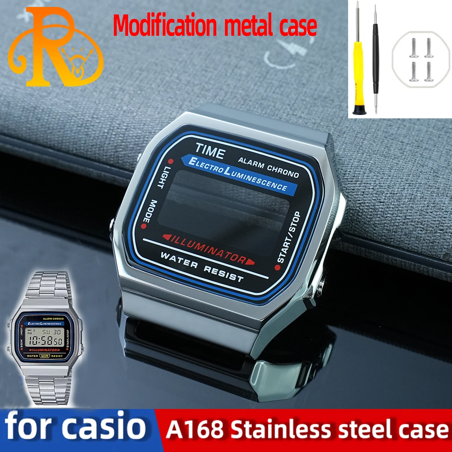 A168 комплект модов в металлическом корпусе для электронных часов Casio 593 a 168, серебристый, золотой, черный, безель из нержавеющей стали, ремешок, стекло, детали инструментов