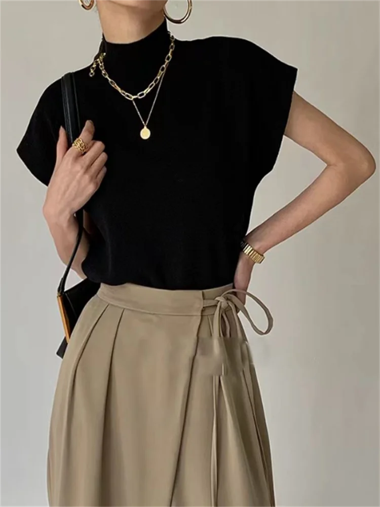 Knitted Vest Women Short Sleeve Top Half High Collar Slim Base Camisole Casual Tank Top Knitwear Summer Streetwear Ladies Camis