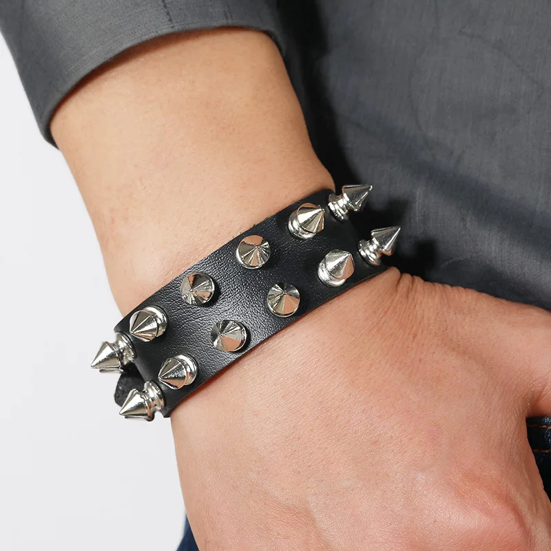 Punk Bracelet for Men Women - Goth Black Leather Wristband with Metal Spike Studded- Spike Rivets Cuff Bangle Adjustable image 3