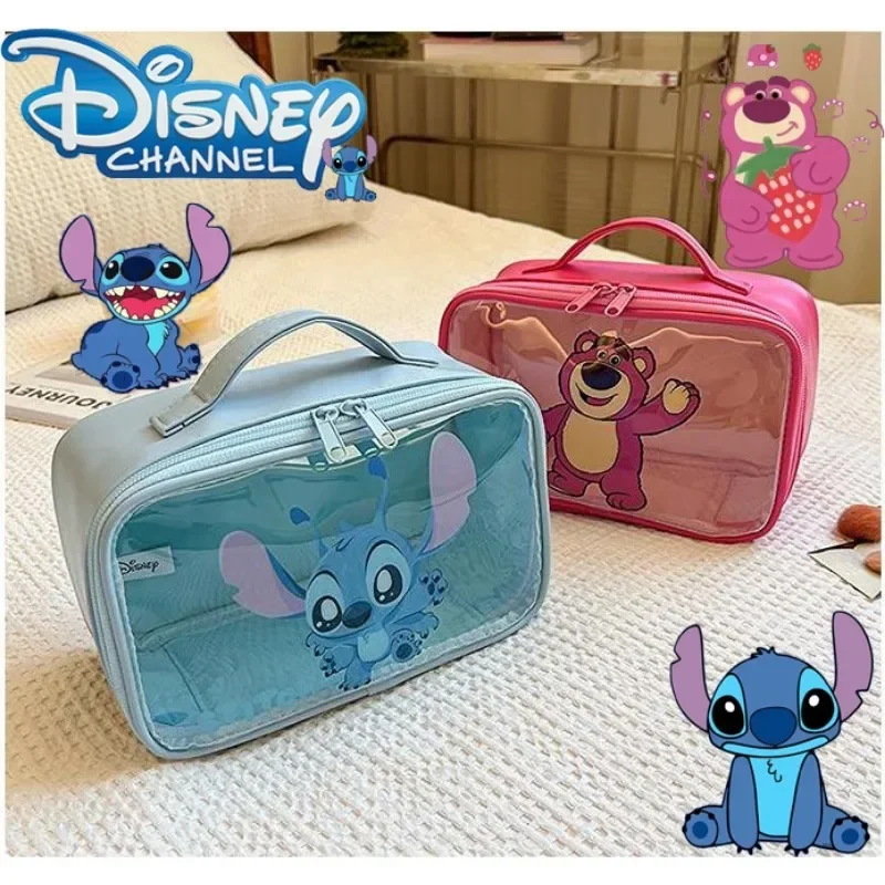 Disney Stitch Cosmetic Bag PU Leather Cartoon Lotso Large Capacity Portable Travel Toiletry Bag Girl Transparent Storage Handbag