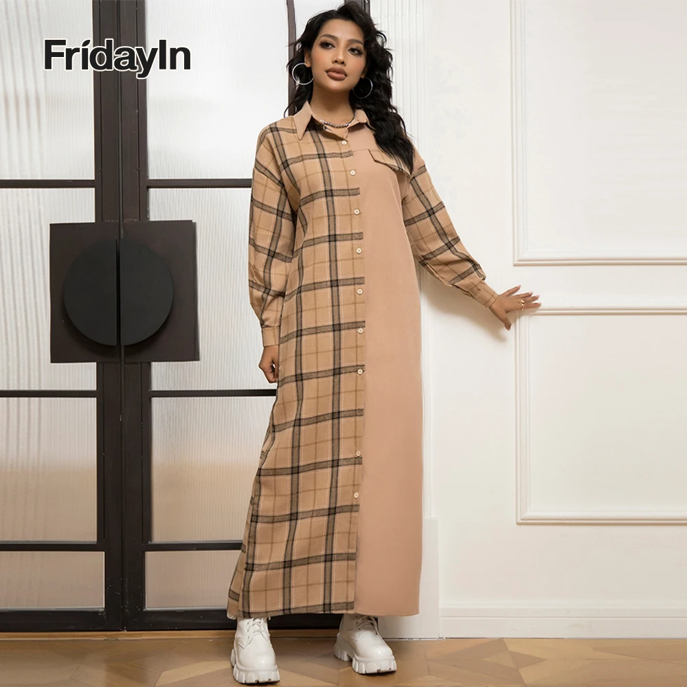 Fridayin All Season Casual Long Dresses for Women Checkered Color Contrast Turndown Shirt Sleeve Loose Skirts for Ladies