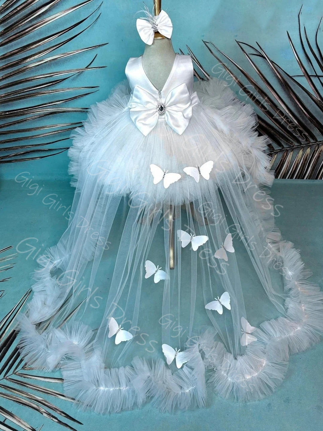 فستان فتاة الزهور من التول الأبيض مع ذيل فراشة ثلاثي الأبعاد فستان عيد ميلاد مطرز بالكريستال مخصص للأطفال فستان حفلة الأميرة