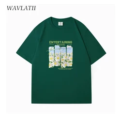 WAVLATII New Women Yellow Flower Printed T shirts Female Casual Cotton Soft Tees Lady Green Short Sleeve Tops for Summer WT2402