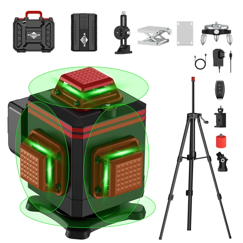 

WEIDDW 4D16 Lines Laser Level with 1M Tripod Suitcase 360 Self Leveling 4x360°Green Cross Line Professional Laser for Building