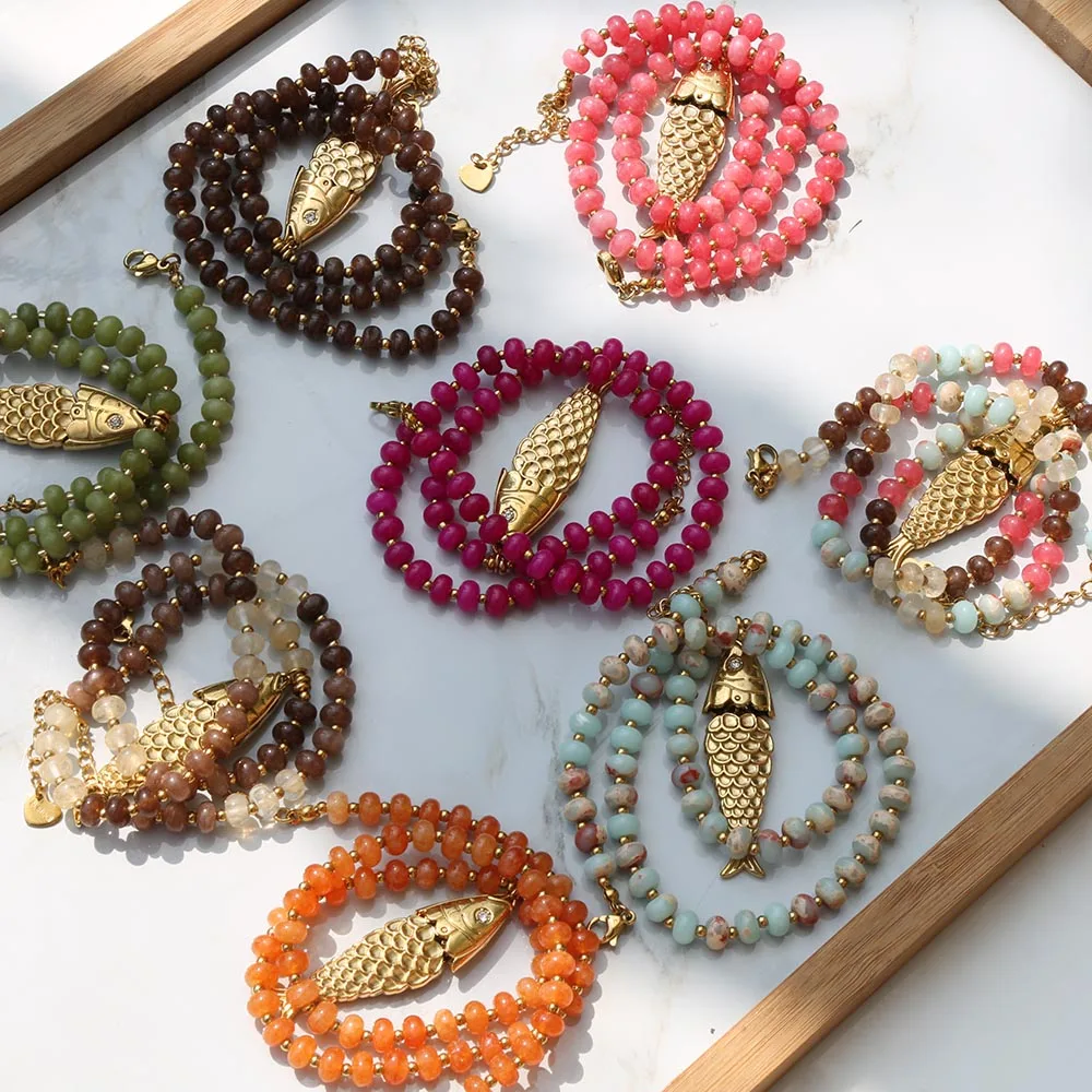 2026 Bohemian Style Spring/Summer Colorful Natural Stone Necklace with Stainless Steel Fish Pendant, Multiple Colors Available