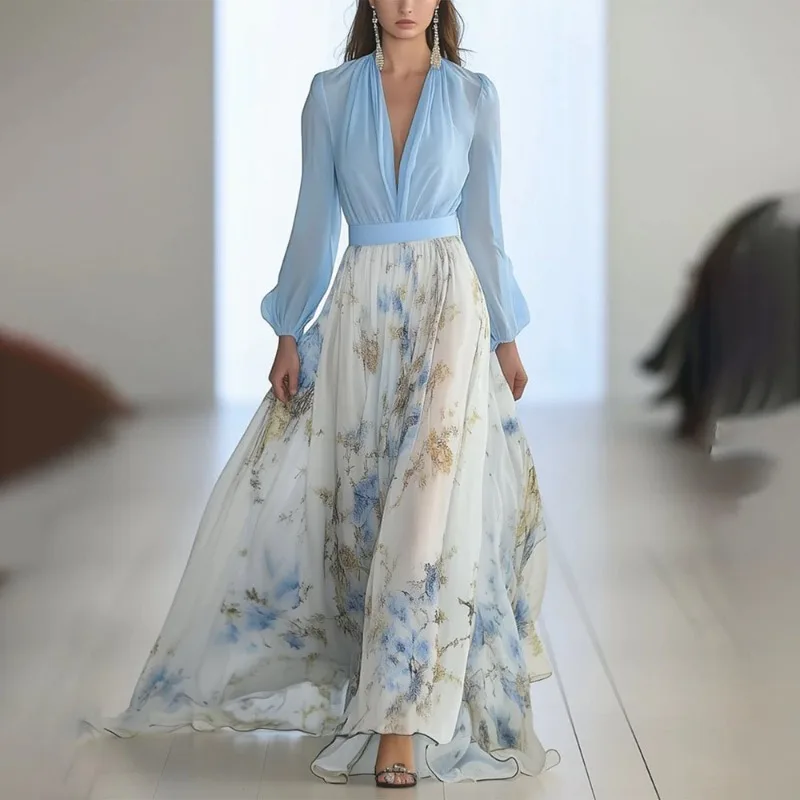 

New Plant Floral Print Socialite Style Dress European American Fashion Temperament Elegant Party Bohemian Women's Long Skirt 3XL