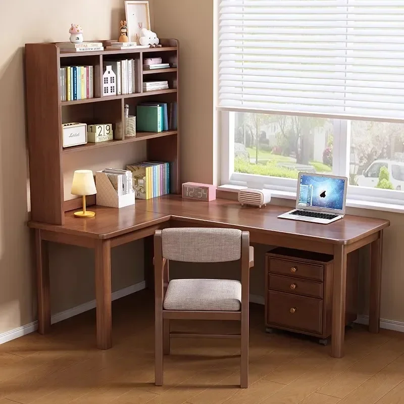 Solid wood corner bookshelf integrated desk L-shaped computer and chair student writing desk office