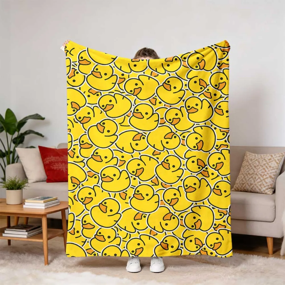 1 Comfortable Flannel Blanket with Rubber Duck Print, Suitable for All Seasons, Hypoallergenic and Tear-resistant, Bright Yellow