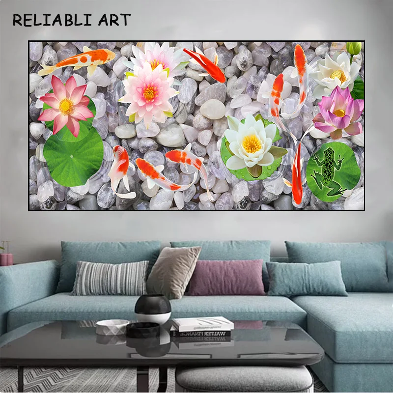 Lotus Stone Koi Fish Animal Poster and Prints Modern Canvas Painting Wall Art Pictures for Living Room Home Decor No Frame