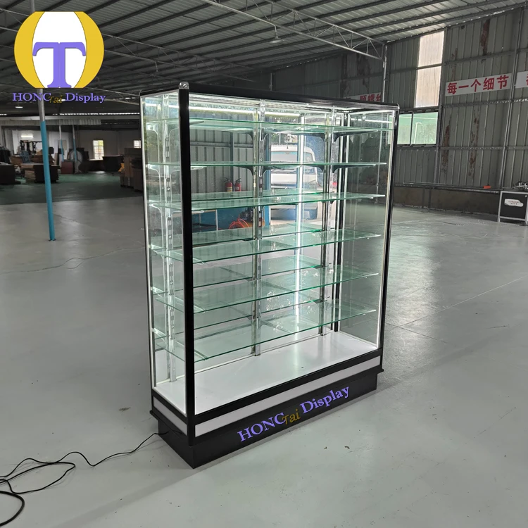 Rak Display Toko Retail Custom Desain Modern Alas Putih Bingkai Aluminium Hitam Kaca Full Vision