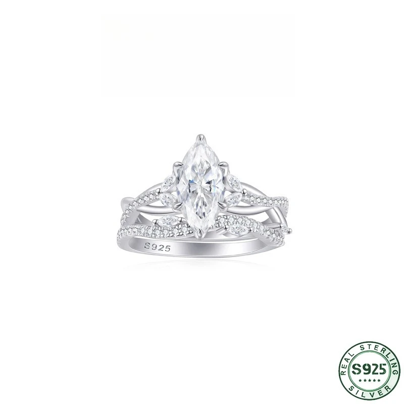 Hot selling fashion silver ring two-piece set combination ring 100% S925 silver 2ct horse eye zircon set ring wedding jewelry