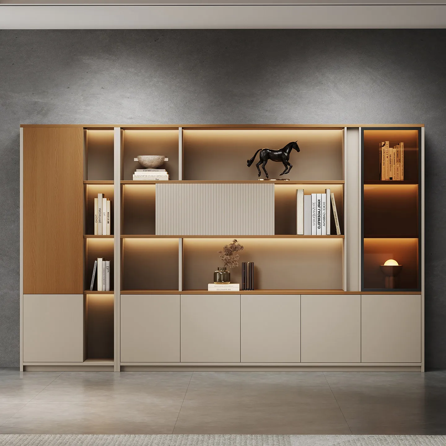 Wooden office file cabinet storage storage data storage side cabinet against the wall background
