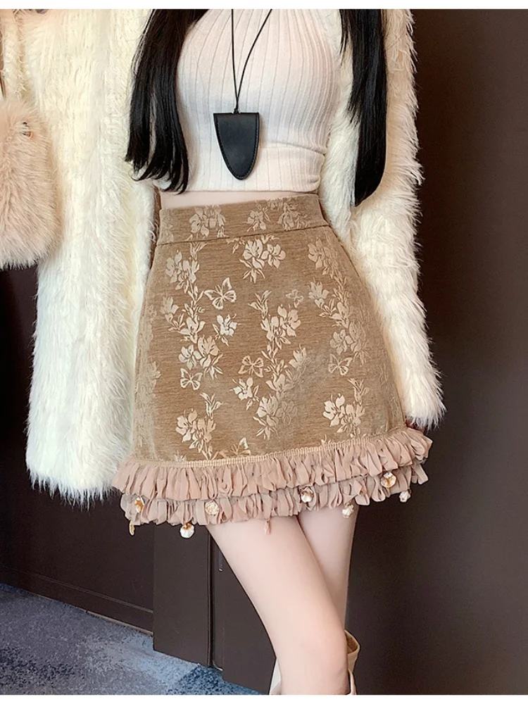 

SMTHMA New Autumn Winter French Design Elastic High Waist Embroidery Jacquard A-line Skirt Ladies Ruffle Elegant Short Skirt