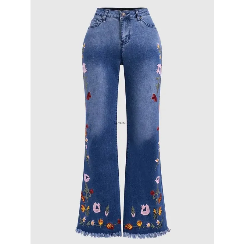 Elastic Embroidered Elegant Temperament Flared Jeans.Women's  Comfortable Slim-fit Mid-waist Jeans Women Trousers Pant 6003