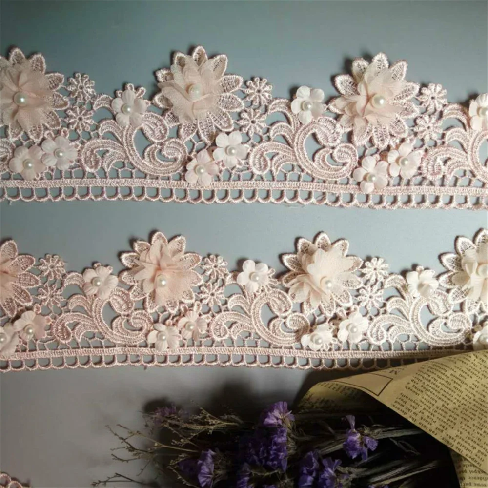 

2 Yard Pink 9cm Pearl 3D Flower Tassel Lace Trim Ribbon Fabric Embroidered Applique Sewing Craft Wedding Dress Clothes New