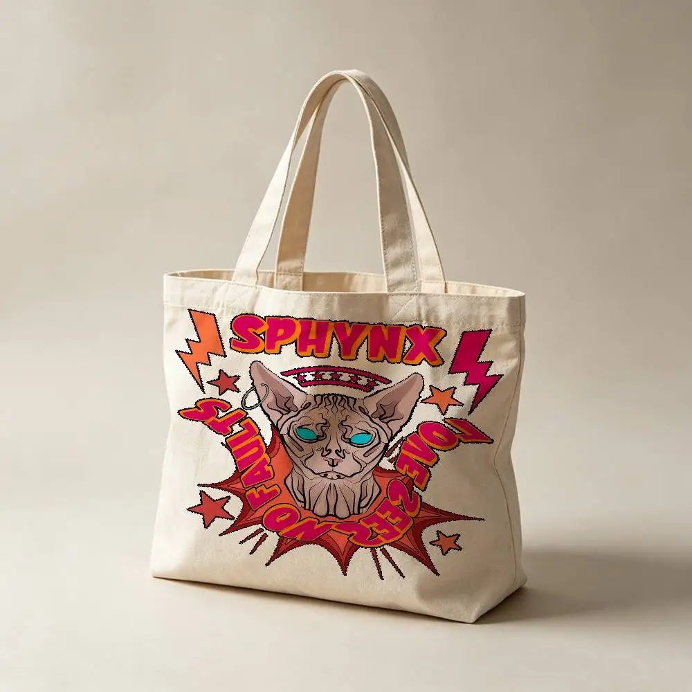 Cool Sphynx Cat Canvas Tote Bag Waterproof Lining Large Capacity Reusable Shopping Bags Casual Student Daily Handbag