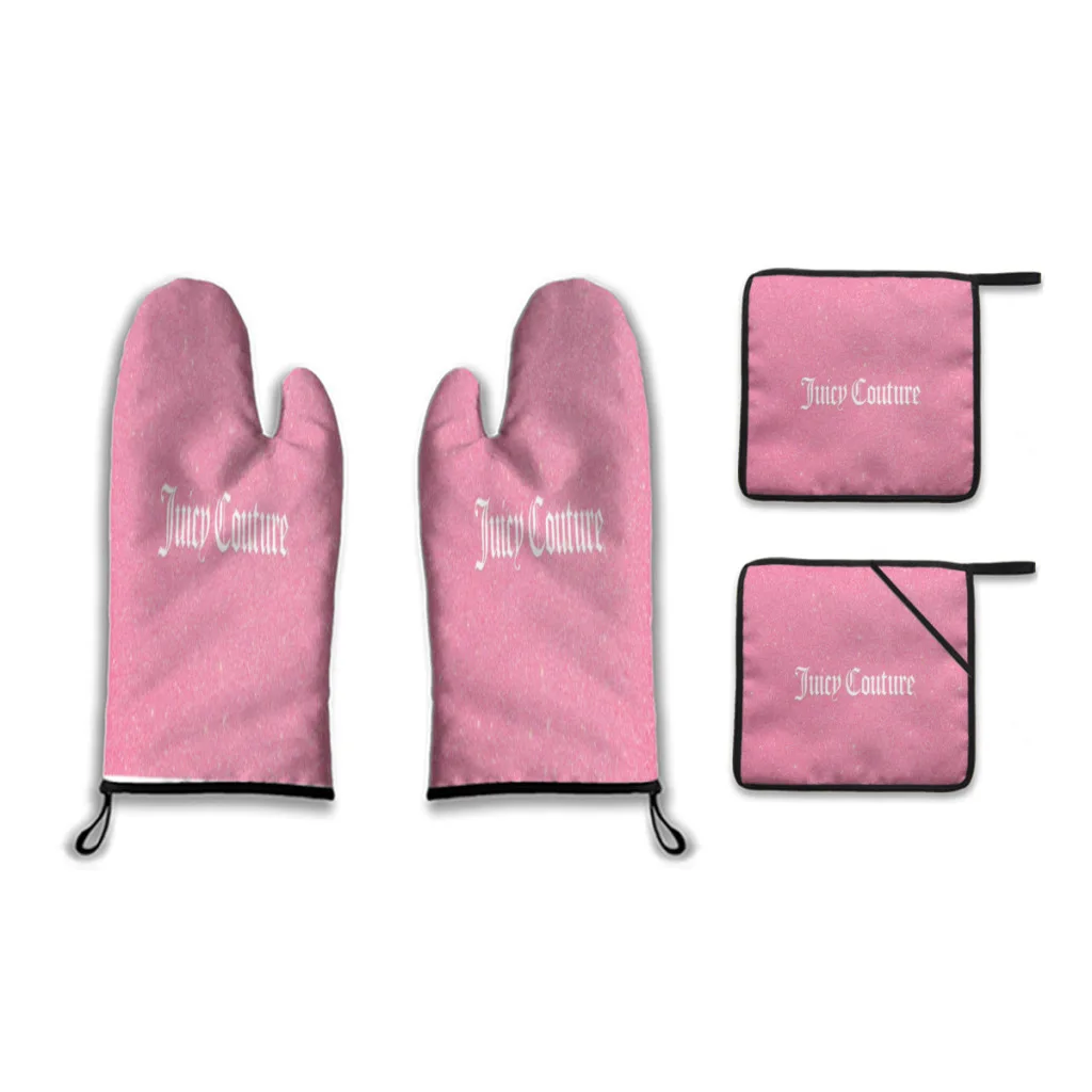 

Hot-Sale-Like-Juicy-Couture-Style Insulation Four-Piece Set Gloves and Pad Anti Slip Anti Scald Oven Gloves Kitchen Baking Tools