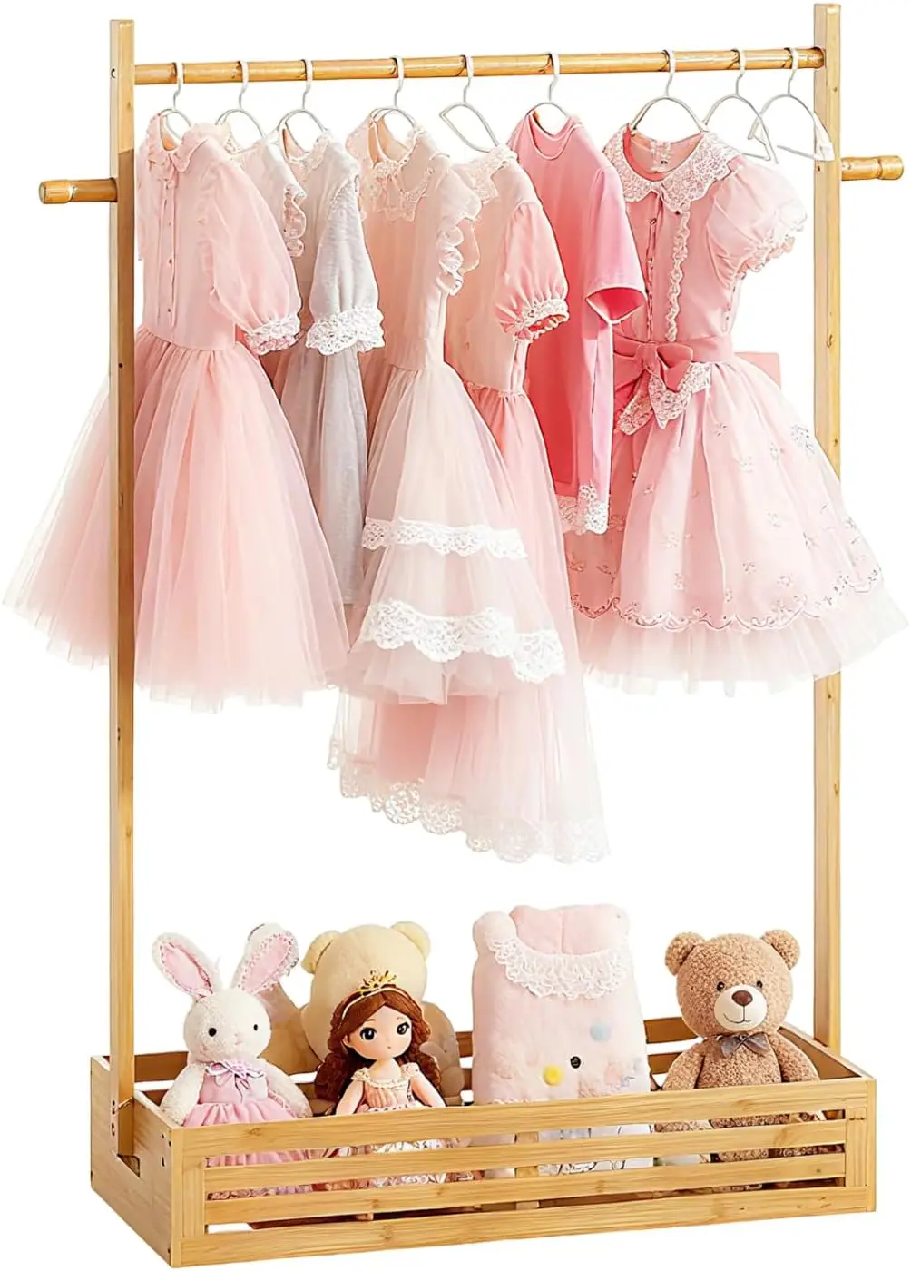 

Kids Clothing Rack with Storage Box and Hanging Rod, Natural Bamboo Baby Clothes Stand for Nursery Room