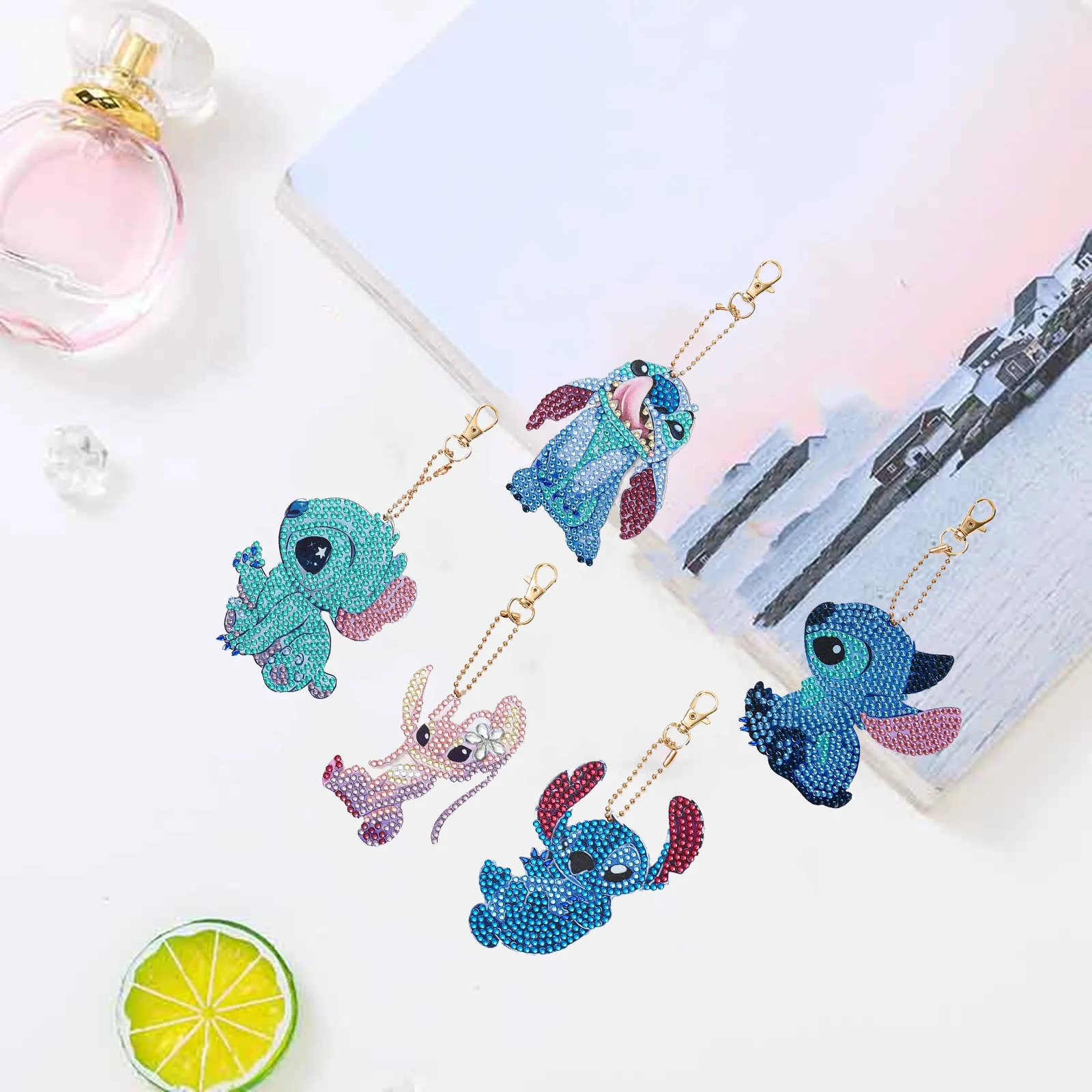 5 Pieces Diamond Painting Acrylic Keychain Double-sided DIY Full Diamond Painted Stitch Cartoon Diamond Pendant