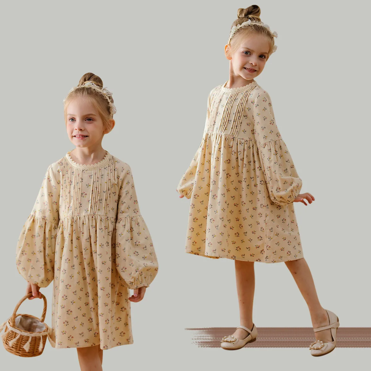 Kids Girl Clothes Sweet Princess Dress For Children Long Sleeve Loose Baby Girl Casual Dresses Flower Print Korean Kids Costume