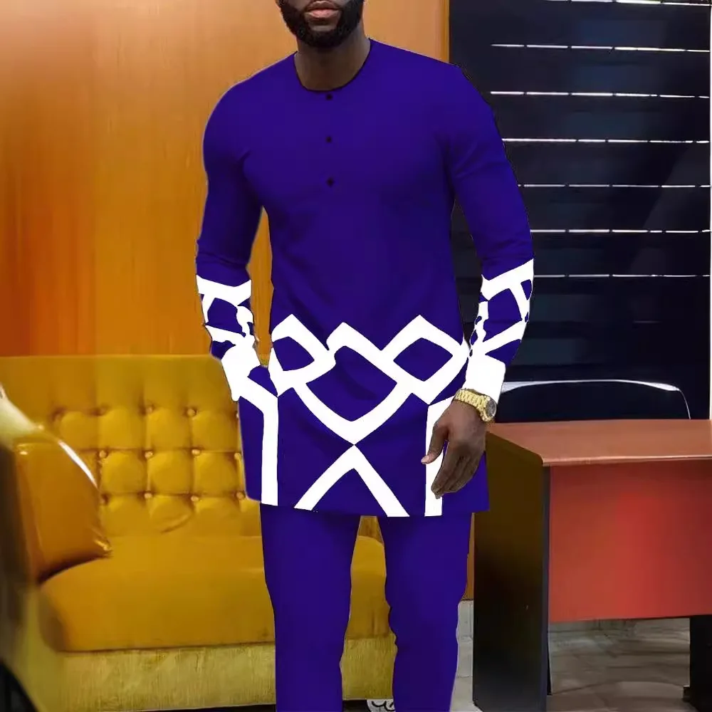 Terno estampado geométrico bege masculino, moda casual