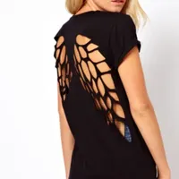 Amazon Back Burning Laser Engraving Hollow Angel Wings Black Round Neck Short Sleeves Women's T-shirt Foreign Trade