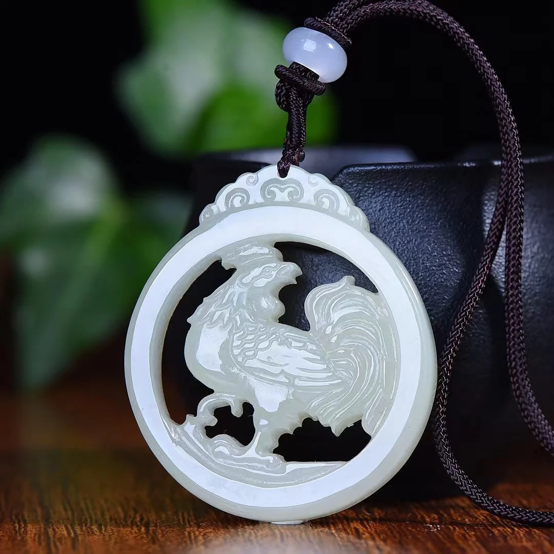 Exquisite Hetian Jade Hollow Carved Chicken Pendant Jewelry 3597#