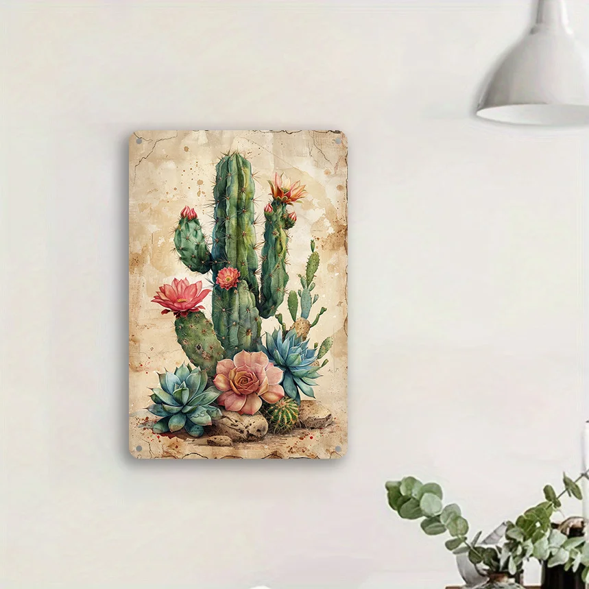 Metal Sign, Featuring Cactus and Desert Plants - Easy To Install, This Reusable Tin Foil Artwork Is Perfect Homes and Bars