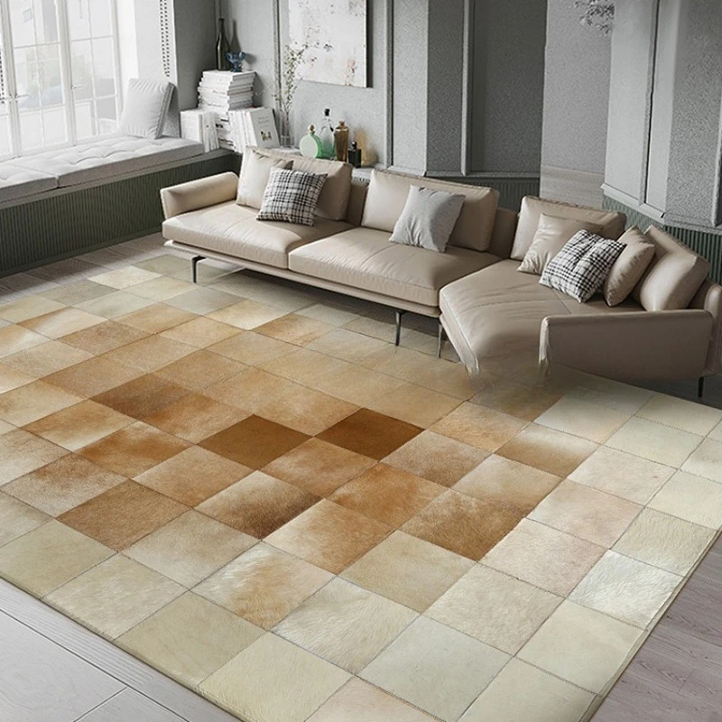 Modern light luxury high-grade cowhide splicing large plaid carpet gradually changes the living room coffee table mat
