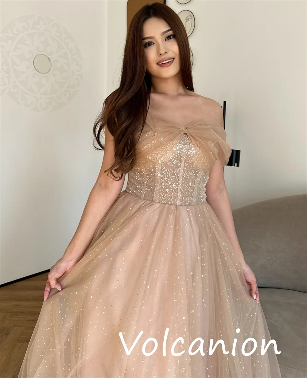 Customized Sparkle Fashion Organza Sequined Pleat A-line Off-the-shoulder Midi Dresses Bespoke Occasion Sexy