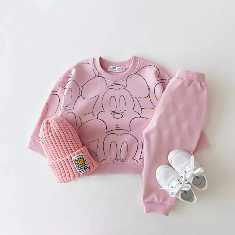 Conjunto de ropa de marca con estampado de Mickey y Minnie, Sudadera con capucha deportiva informal de 2 piezas, trajes blancos para niños pequeños,