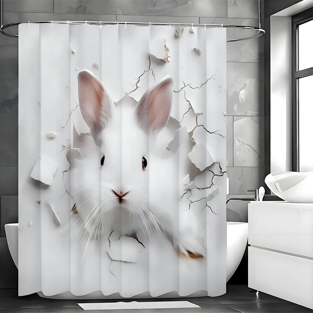 

A white-faced, black-eyed rabbit comes out of a hole Shower Curtain, Bathroom Decorative Shower Curtain, Waterproof Shower Curta