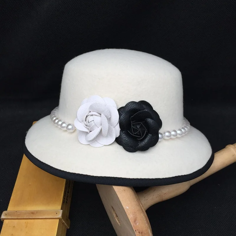 

High quality white camellia fedora Pearl Band 100% wool felt hat Floppy Ladies Wedding Church Hat Pork Pie Trilby hat