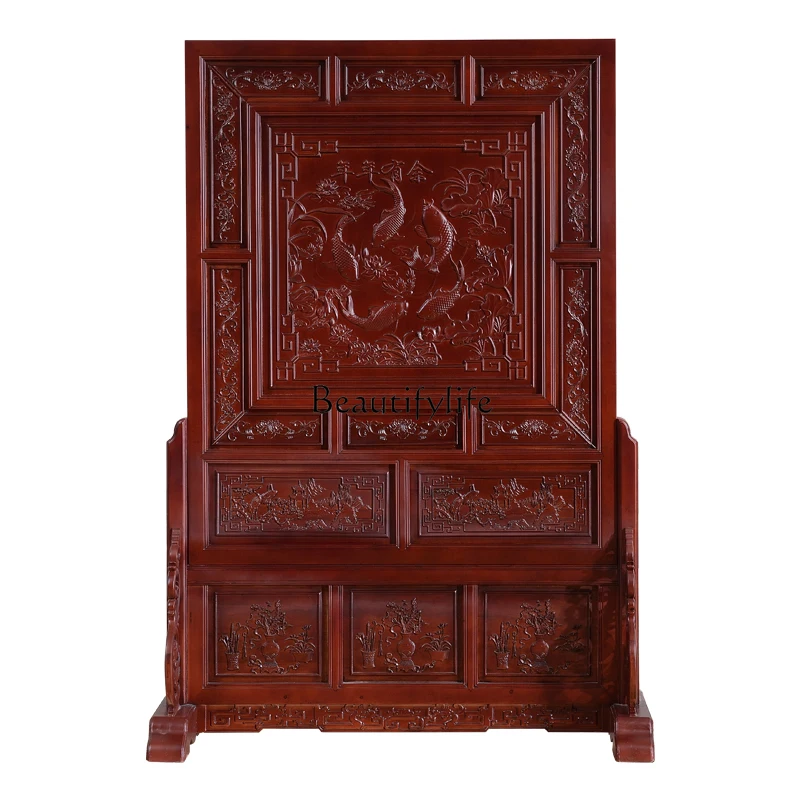 

Dongyang wood carving year after year solid wood screen Chinese antique double-sided carving